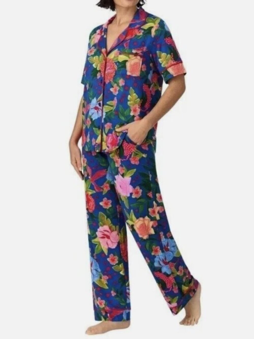 Room Service Size M Pajama Set Blue Floral 2-Piece Notch Collar